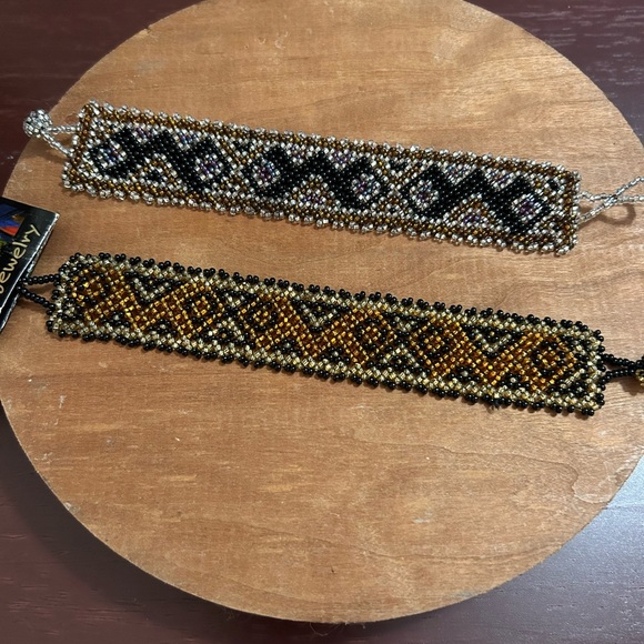 2 Art Deco Design Vintage Handmade Bead Bracelet Black Gold Wrist. - Picture 2 of 2